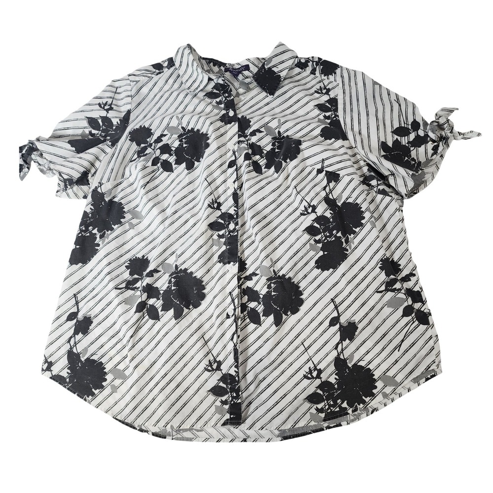 Roamans Womens 26W Black White Floral Striped Button Front Blouse Tie Sleeve Top